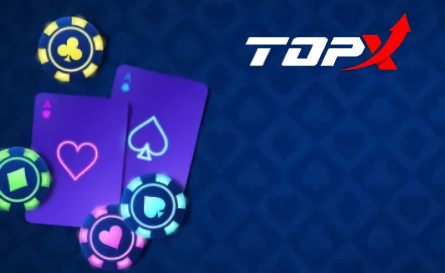 Cartas e fichas de cassino sobre fundo azul, com a marca TopX