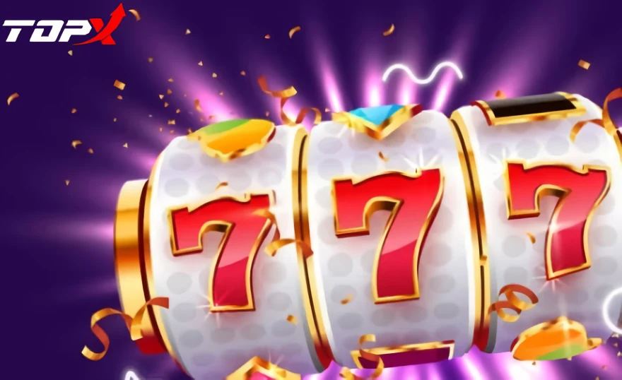 Rolos de slot com três setes vermelhos e a marca TopX