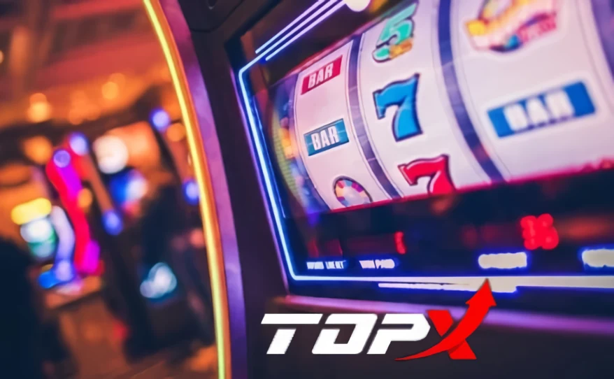 Close de uma máquina de slots com rolos e luzes de neon